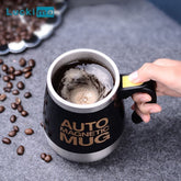 Adistore automatic self-stirring mug with stainless steel body and magnetic mixing system for coffee or hot beverages.