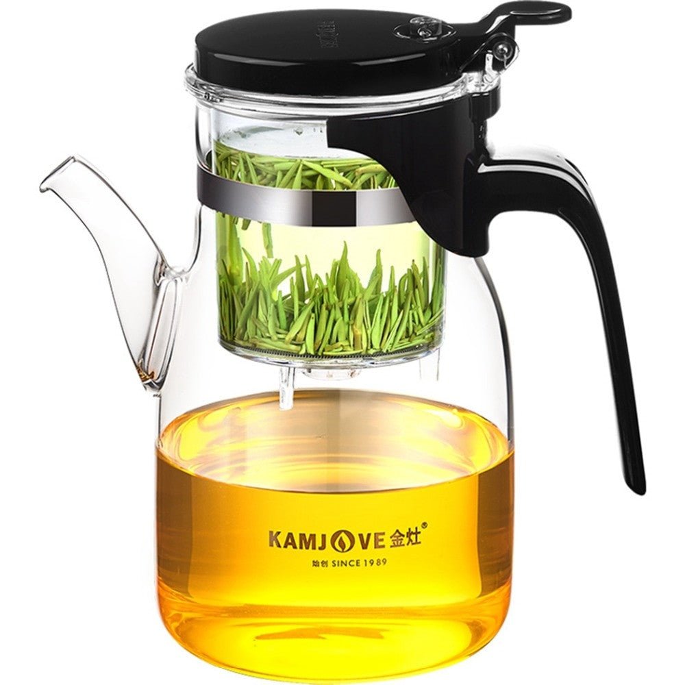 Clear 900ml glass tea cup with infuser by Adistore, elegant teapot for brewing loose leaf tea with a sleek design.