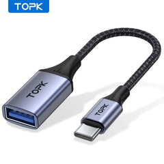 Adistore TOPK USB-C to USB Adapter showing male USB-C connector and female USB port for MacBook Pro and Samsung devices