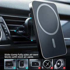 Adistore 15W magnetic wireless car charger mount with fast charging for iPhone 12, showing the charger mounted in a vehicle.