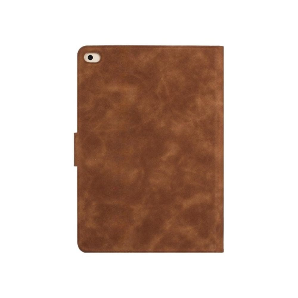 Brown leather iPad 9.7 book flip case with magnetic closure by Phone Base, showing front cover and interior design.