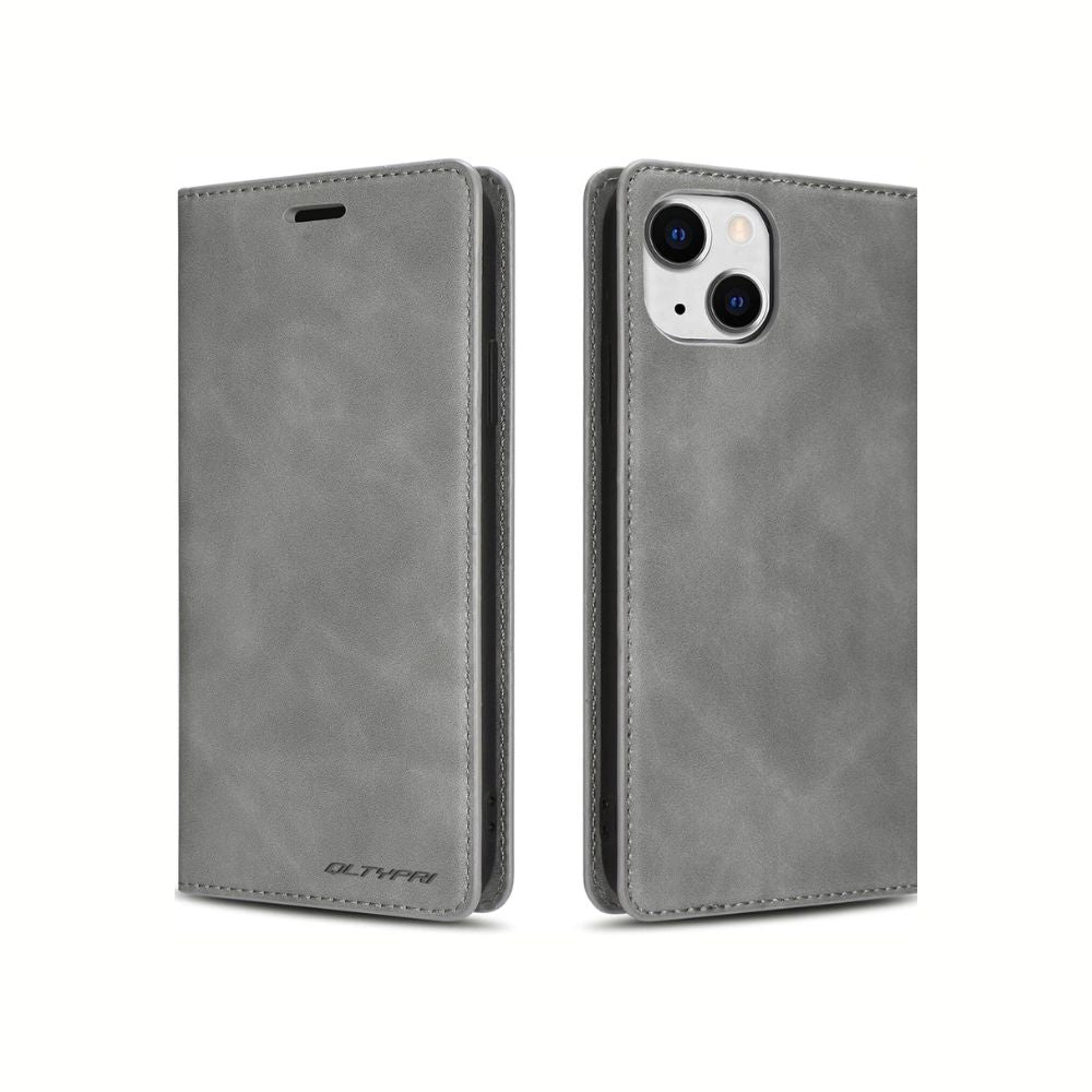 Grey leather flip book case for iPhone 14 Plus by Phone Base, featuring wallet-style design with card slots and protective cover.