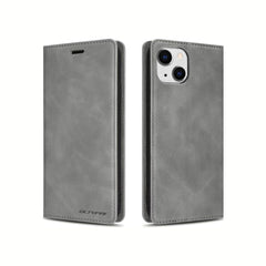 Grey leather flip book case for iPhone 14 Plus by Phone Base, featuring wallet-style design with card slots and protective cover.