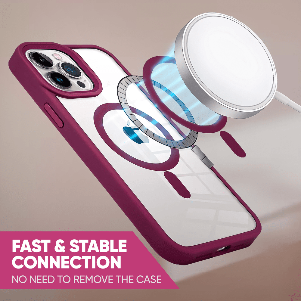 Wine-red Phone Base Vibe MagSafe Case for iPhone 15 and 16 Pro and Pro Max, with sleek protective design and magnetic attachment.