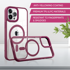 Wine red Phone Base Vibe MagSafe Case for iPhone 15 and 16 Pro and Pro Max, showing the textured back and MagSafe alignment.
