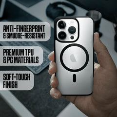 Black Phone Base Vibe MagSafe Case for iPhone 15 and 16 Series, showcasing slim design and magnetic attachment feature.