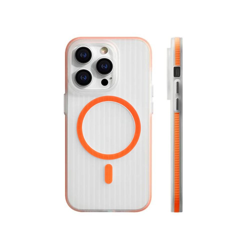 Clear white iPhone 15 Series ultra-thin corrugated case with MagSafe by Phone Base, showing the textured corrugated design and precise cutouts.
