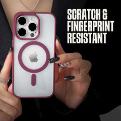 Wine red Phone Base Vibe MagSafe Case for iPhone 15 and 16 series, showing the sleek, protective design on the phone.
