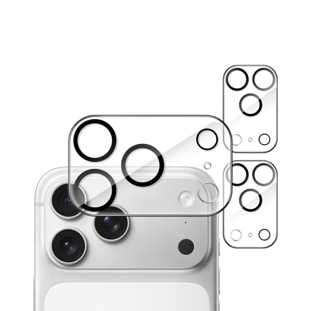 iPhone 17 series full camera lens protector by Phone Base, showing clear glass cover over multiple camera lenses on the back of the phone.