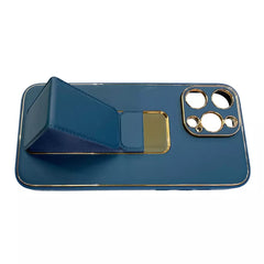 Blue Phone Base Vibe Stand Case on an iPhone, featuring a built-in stand for hands-free viewing and protection.