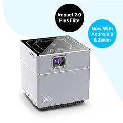 Personal Projector Pico Genie Impact 2.0 Plus ELITE portable smart LED projector displaying a vibrant image on a wall
