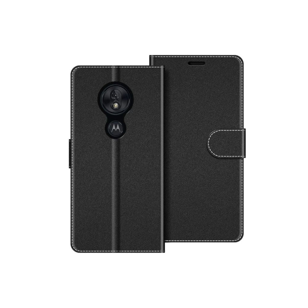 Black leather Moto G7 Play book flip case by Phone Base with a magnetic closure, featuring card slots and wallet-style design.