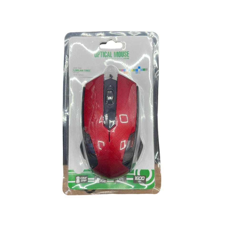 Red optical mouse from Phone Base, showing ergonomic design and clickable buttons on a smooth surface.