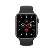 Refurbished Apple Watch Series 5 44mm smartwatch with black sport band, displaying the watch face and digital display.