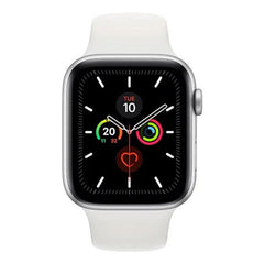 Refurbished Apple Watch Series 5 44mm smartwatch with black sport band, showing digital display and sleek design.
