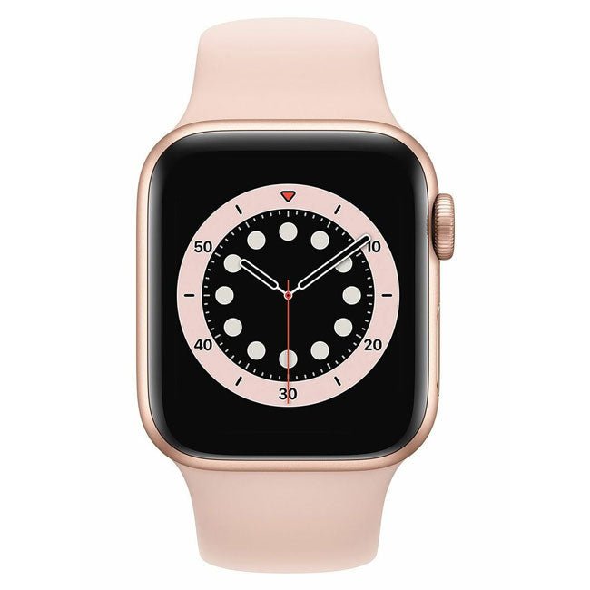 Refurbished Apple Watch Series 6 40mm Cellular smartwatch in black with digital display, showing time and app icons.