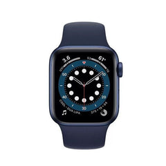 Refurbished Apple Watch Series 6 44mm smartwatch with black sport band, display showing time and activity tracking.
