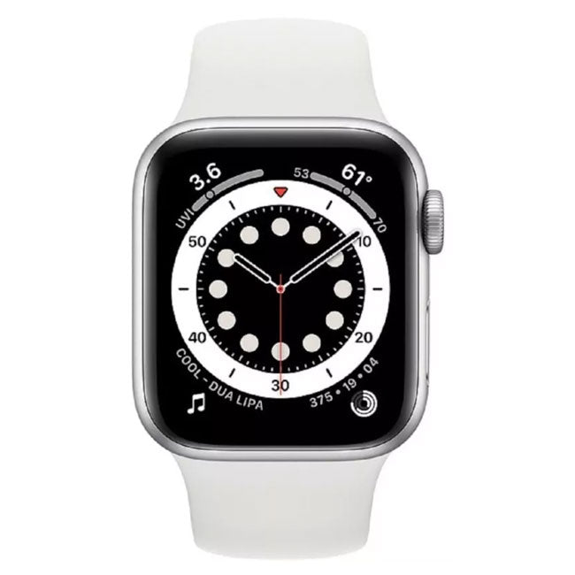 Refurbished Apple Watch Series 6 44mm cellular stainless steel smartwatch with a sleek design and digital display.