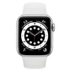 Refurbished Apple Watch Series 6 44mm Cellular Stainless Steel smartwatch with digital display and sleek stainless steel band.