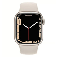 Refurbished Apple Watch Series 7 45mm smartwatch with black sport band, showing digital display and sleek design.