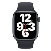 Refurbished Apple Watch Series 7 45mm smartwatch with black sport band, display showing fitness stats and time.