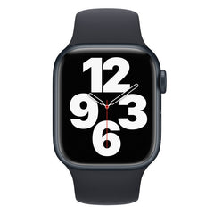 Refurbished Apple Watch Series 7 45mm smartwatch with black sport band, display showing fitness stats and time.