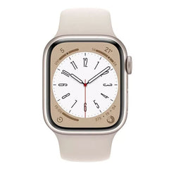 Refurbished Apple Watch Series 8 45mm smartwatch with digital display and sleek design, shown in close-up view.
