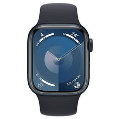 Refurbished Apple Watch Series 9 41mm cellular smartwatch with black band, unlocked, displaying time on the screen.