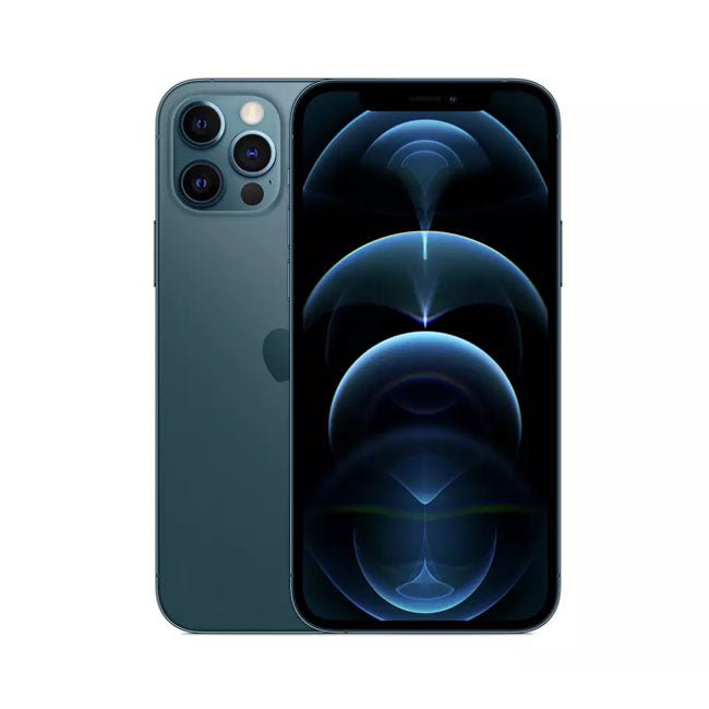 Refurbished iPhone 12 Pro with 128GB storage, unlocked, showing front and back views of the mobile phone by RefurbPhone.