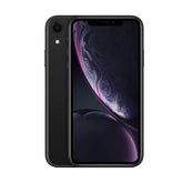 Refurbished iPhone XR 128GB unlocked in black showing front display and side profile, by RefurbPhone.