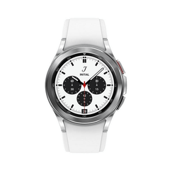 Refurbished Samsung Galaxy Watch 4 Classic 42mm 4G smartwatch with a round face, black band, and digital display.