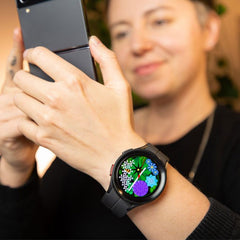 Refurbished Samsung Galaxy Watch 5 Pro 45mm smartwatch showing the digital display and sleek black band.