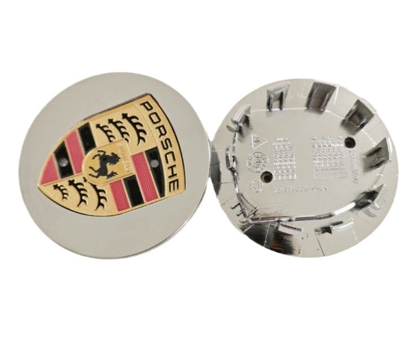 Grey Porsche wheel center caps by Eliteridegear, showcasing sleek, circular design with the brand logo in the center.