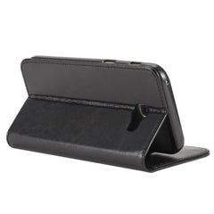 Samsung Galaxy A5 book flip case in black leather wallet style by Phone Base, showing front cover and interior compartments.