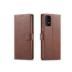 Samsung Galaxy A13 4G leather flip book case with wallet design by Phone Base, featuring brown faux leather cover and card slots.