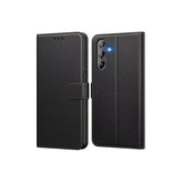 Samsung Galaxy A55 leather wallet flip case with book-style design and card slots, from Phone Base, in black.