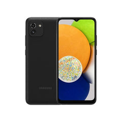 Black Samsung Galaxy A Series silicone gel case by Phone Base, shown on the Samsung Galaxy A03 smartphone.