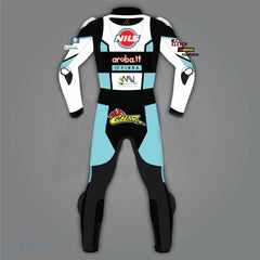 Back view of DAMOTOGEAR leather sport bike racing suit worn by Chaz Davies, featuring Ducati WSBK 2021 design and branding.