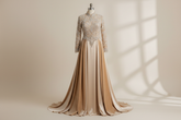Vintage Muslim Champagne Wedding Dress - Beaded Velvet Satin