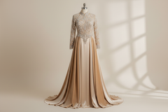 Vintage Muslim Champagne Wedding Dress - Beaded Velvet Satin