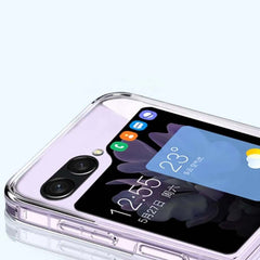 Samsung Galaxy Z Flip 5 transparent silicone gel case from Phone Base, shown on the flip phone with clear, flexible material.
