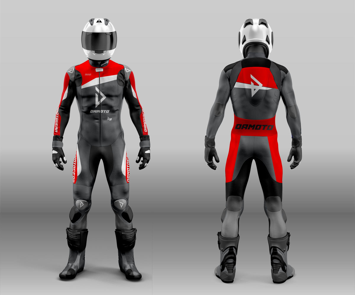 Damotogear Gp Plus V4 Motorcycle Motorbike Leather Suit Black/Red