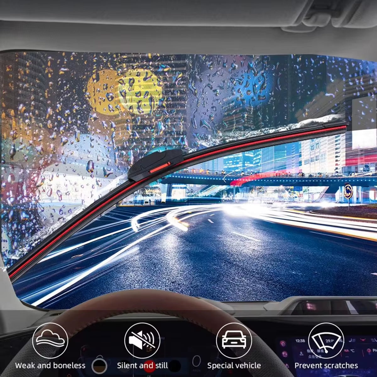 Eliteridegear J U Hook double rubber windshield wiper blades in various sizes for cars, waterproof and durable for clear visibility.