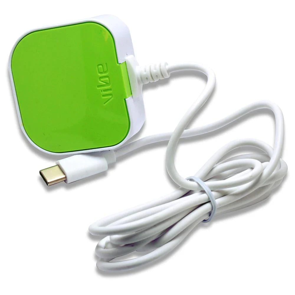 Phone Base Vibe USB C mains charger plug showing a compact, white USB C power adapter with two-prong design for fast charging.