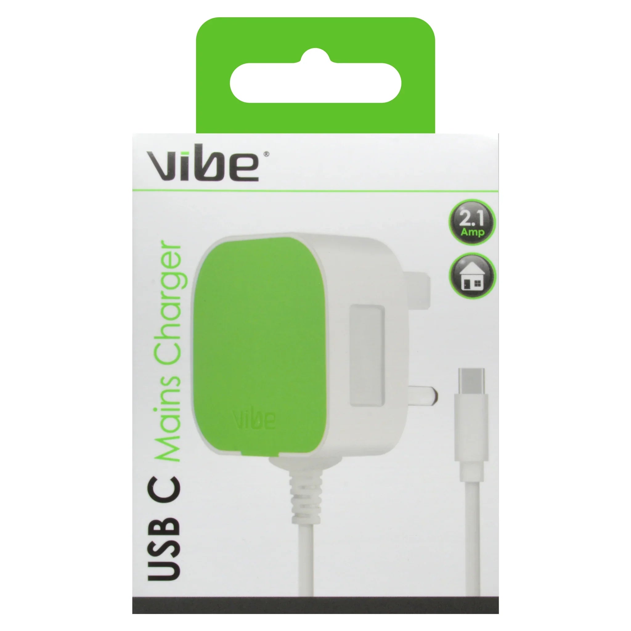 Phone Base Vibe USB-C mains charger plug with 2A power output, compact design, and durable construction.