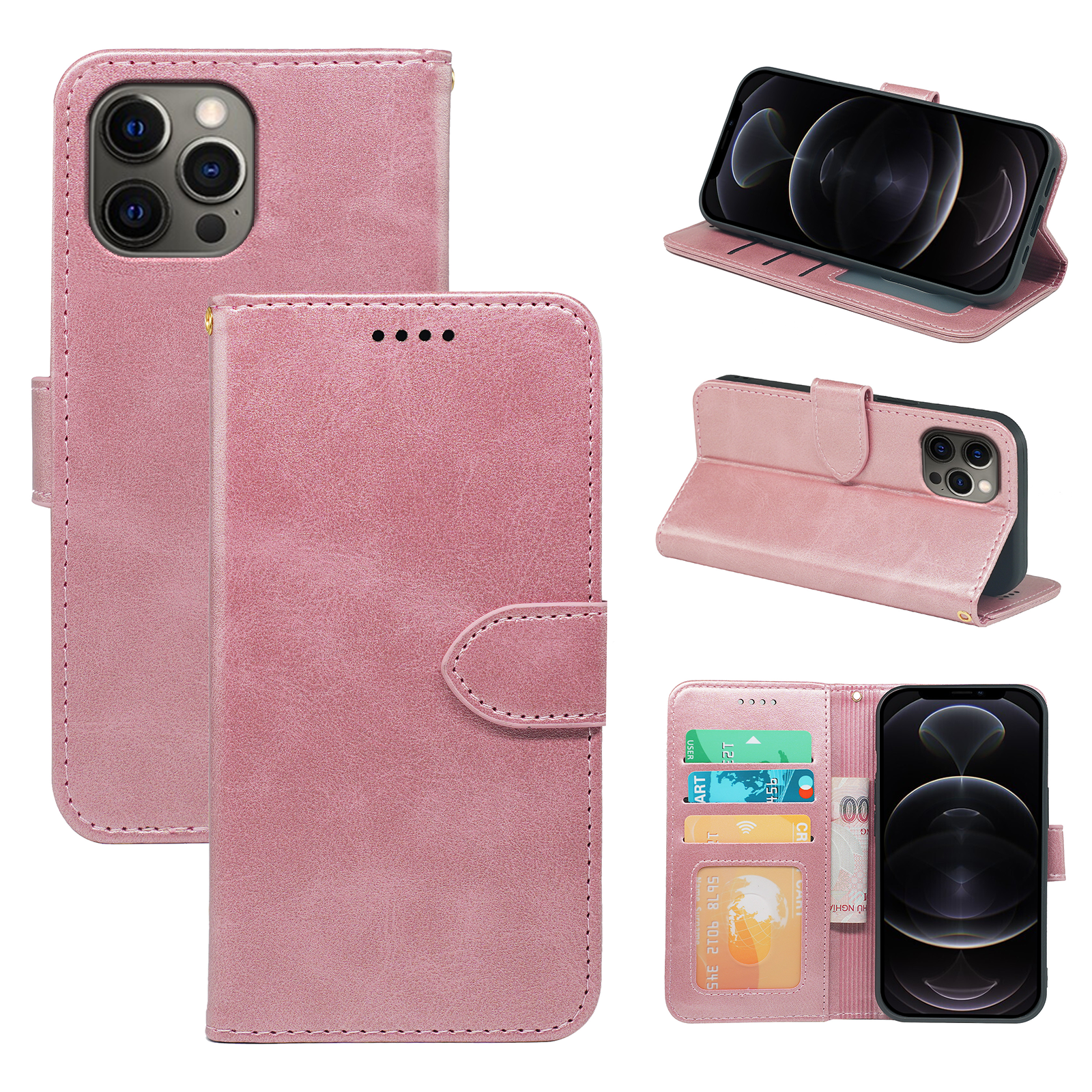 Leather wallet flip case for iPhone 14 series by Phone Base, featuring a book-style design with card slots and protective cover.