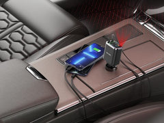 Phone Base 38W USB and Type-C dual ports car charger with Lightning cable shown in a close-up image.