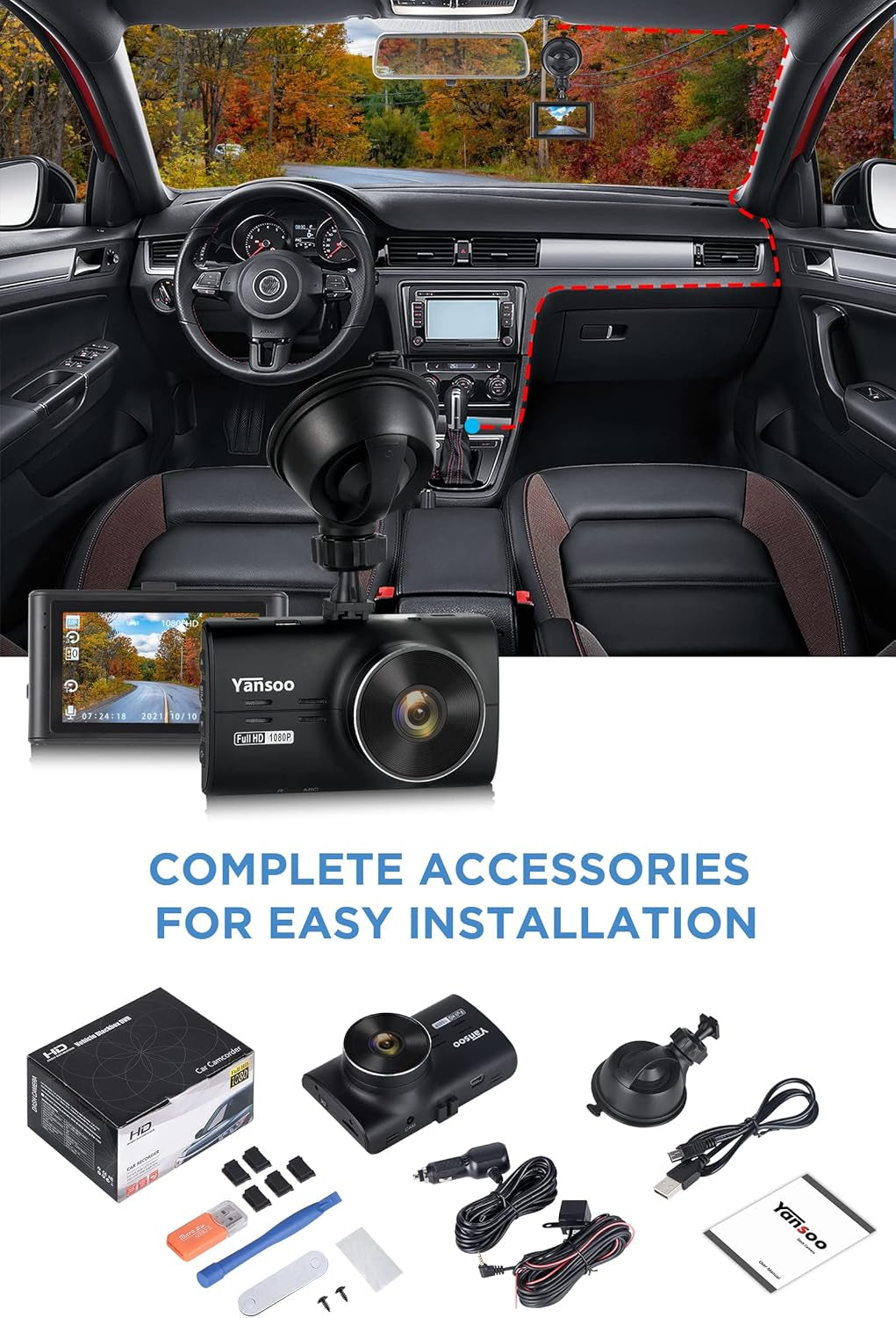 Eliteridegear 1080P full HD dash cam with front and rear lenses, 3-inch screen, night vision, wide angle, and parking monitor.