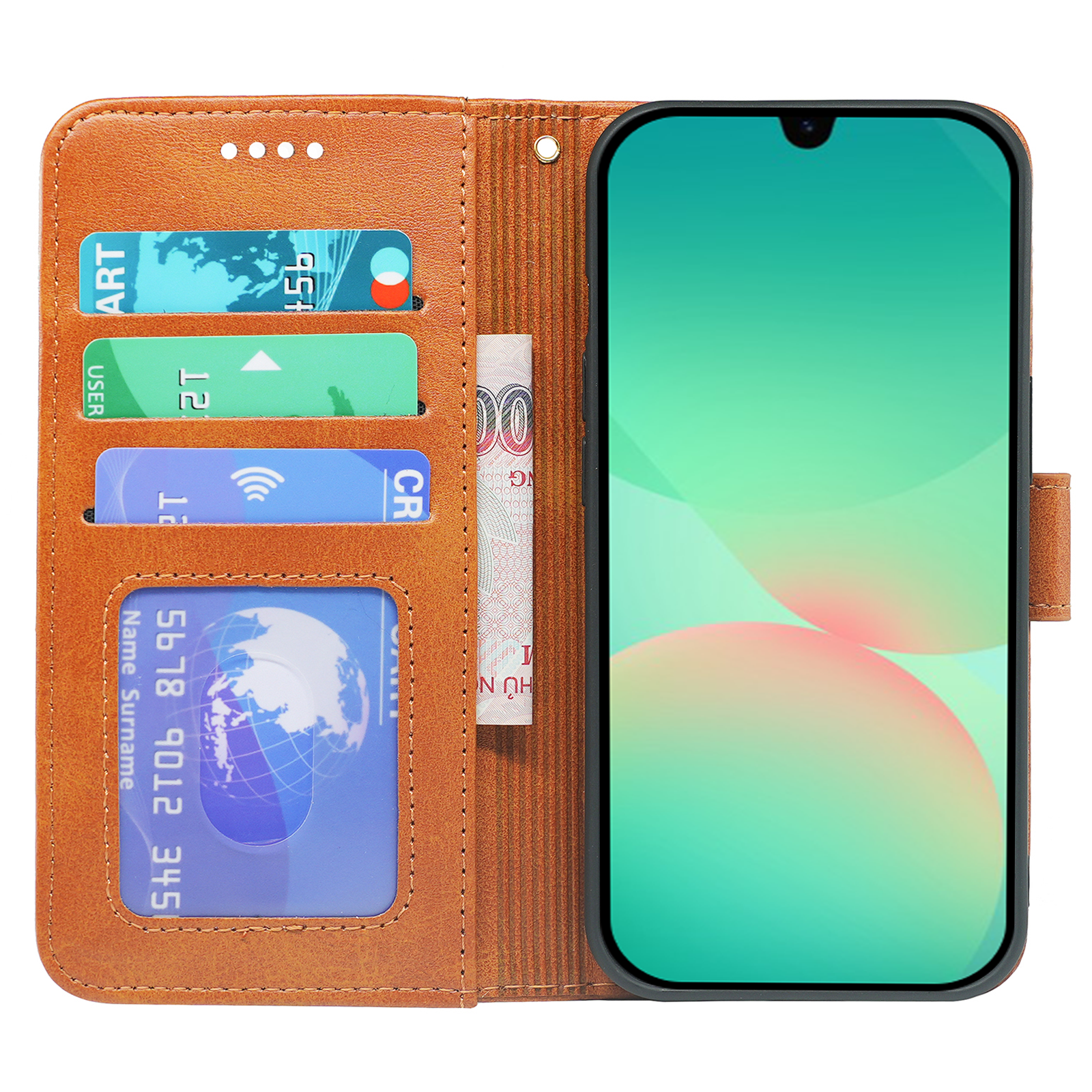 Samsung Galaxy A16 leather book flip case by Phone Base, featuring a wallet-style design with card slots and protective cover.