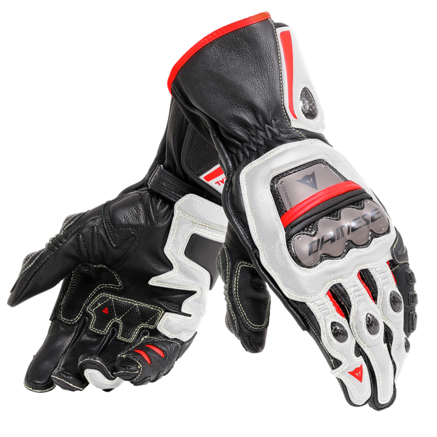 DAMOTOGEAR Laguna Seca 4 leather riding suit in white, black, and red, featuring protective padding and sleek design.